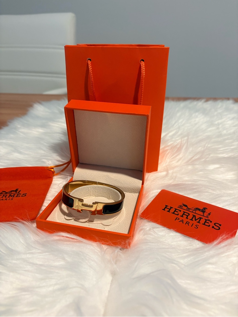 Hermès Black Enamel and Gold H Bracelet